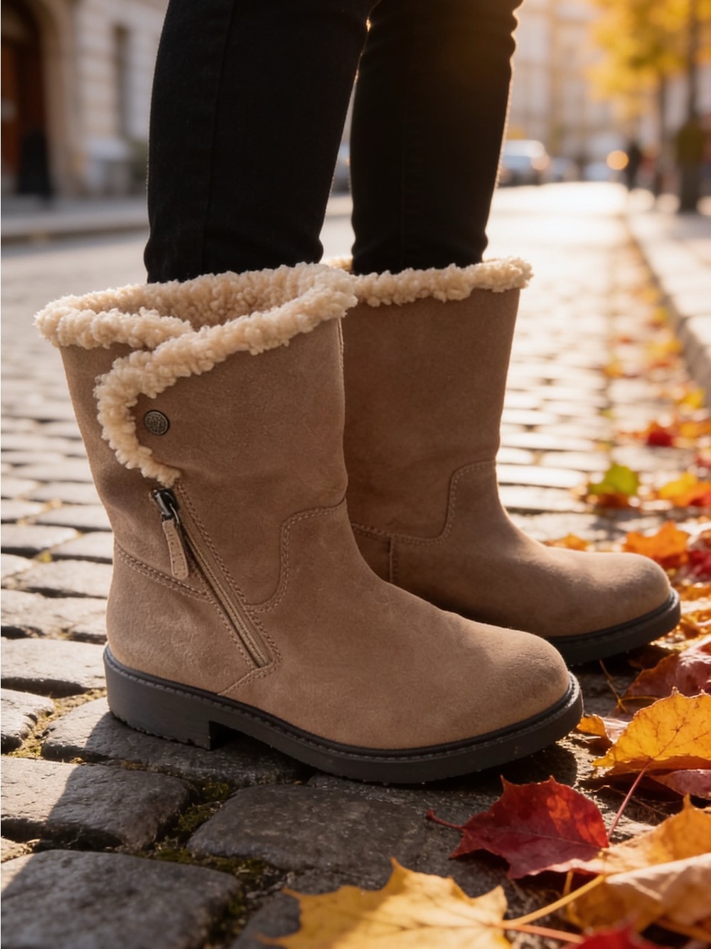 Clarks Women's Light Brown Suede Winter Boots with Cream Shearling Trim